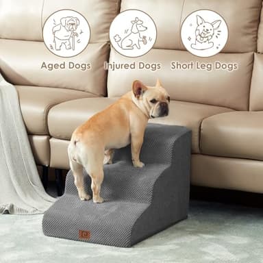 EHEYCIGA Curved Dog Stairs Ramp for Small Dogs 15.7" H, 3-Step Dog Steps for Couch Sofa and Chair, Pet Stairs for Cats, Non-Slip Balanced Pet Steps Indoor, Grey - Image 4