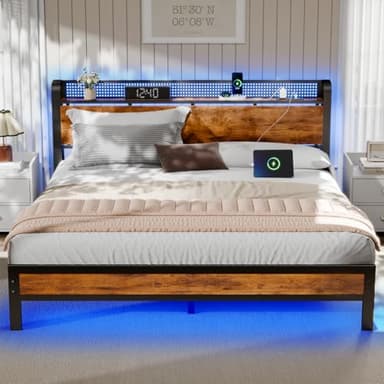 Furnulem Queen Bed Frame with Charging Station and LED Lights,Industrial Platform Beds Queen Size with Storage Headboard,USB Port,Rustic Wood and Strong Metal Support,No Box Spring Needed, Noise Free - Image 1