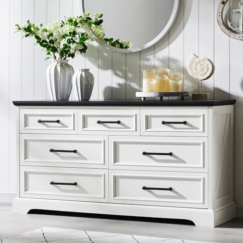 ACCOHOHO 7 Drawer Dresser, Farmhouse Chest of Drawers for Bedroom, 52" Wide Dresser TV Stand with Large Metal Handles, Wood Drawer Organizer for Living Room, Hallway - Off White - Image 1