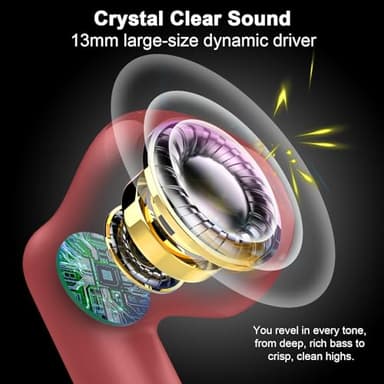 Wireless Earbuds, Bluetooth 5.4 Headphones in Ear with Noise Cancelling Mic, Bluetooth Earbuds Stereo Bass, IP7 Waterproof Sports Earphones, 32H Playtime USB C Charging Ear Buds Red for Android iOS - Image 3