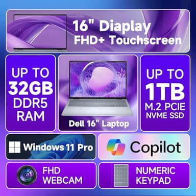 Dell 16-Inch Touchscreen Laptop Computer – Intel Core 7 150U, 64GB DDR5 RAM, 2TB SSD, 16" FHD+ IPS Display, Ai Copilot, Fingerprint Reader, Backlit KB, 1080p Webcam, Win 11 Pro, w/Accessories - Image 3