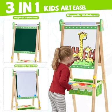 Art Easel for Kids, Painting Easels for Toddlers, Wooden Drawing Easel with Paper Roll, Adjustable Painting Station Magnetic Chalkboard & Whiteboard, Foldable Standing Easel for Boys Girls Ages 3-12 - Image 2