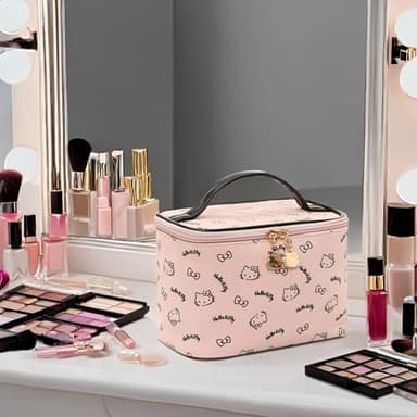 AmBealla Make up Bag Large Travel Cosmetic Bags Organizer with Brush Holder for Girl, Lightweight Cotton Toiletry Bag with Zipper for Women, Portable Makeup Case for Airplane/Home/Gym - Pink - Image 2