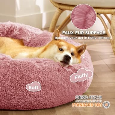 Bedsure Calming Dog Bed for Medium Dogs - Donut Washable Medium Pet Bed, 30 inches Anti-Slip Round Fluffy Plush Faux Fur Cat Bed, Fits up to 45 lbs Pets, Mauve Blush - Image 2