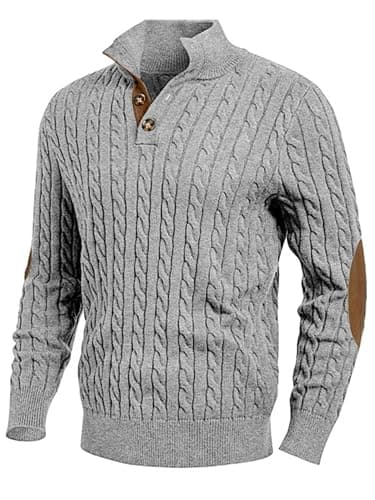 JMIERR Men's Cable Knit Slim Fit Casual Long Sleeve Essentials Soft Touch Button Stand Collar Wool Christmas Sweaters, M, Grey - Image 1
