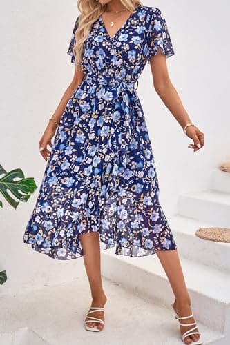 PRETTYGARDEN Women's Summer Floral Boho Dress Wrap V Neck Short Sleeve Ruffle A-Line Flowy Maxi Wedding Guest Dresses (Navy White Floral,Large) - Image 3