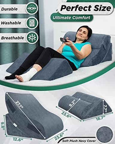 Lunix 4pcs Orthopedic Bed Wedge Pillow Set, Post Surgery Memory Foam for Back, Knee, Leg Pain Relief, Sitting Pillow for Sleeping, Acid Reflux, GERD, with Hot Cold Pack, 100% Navy - Image 2