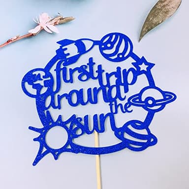 CHANGCAO First Trip Around The Sun Cake Topper Happy Birthday Toppers for Outer Space Theme Party Decorations Baby 1st Birthday, One Year Old Supplies Rocket Galaxy Planet Kids blue flash - Image 6