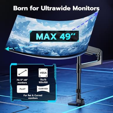 ARES WING Heavy-Duty Monitor Mount for 17-49 inches Ultrawide Curved Flat Monitors, Holds 44lbs, with 18" Extended Column for Desk, Adjustable Gas Spring, Black - Image 4