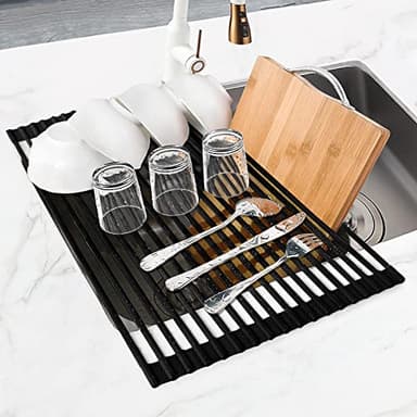 MERRYBOX 20.5" x 13" Roll Up Dish Drying Rack Silicone Wrapped Over The Sink Dish Drying Rack Multipurpose Foldable Sink Drying Mat, Heat-Resistant & Anti-Rust Dish Rack for Kitchen Sink, Large, Black - Image 9