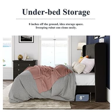 Allewie Queen Size Velvet Bed Frame/Vertical Channel Tufted Wingback Headboard/Upholstered Platform Bed/Strong Wooden Slats/No Box Spring Needed/Easy Assembly/Black - Image 6