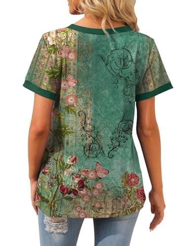 Womens Summer Tops 2025 Trendy Dressy Blouses Short Sleeve Shirts Spring Tops Color Block Tshirts Floral L - Image 4