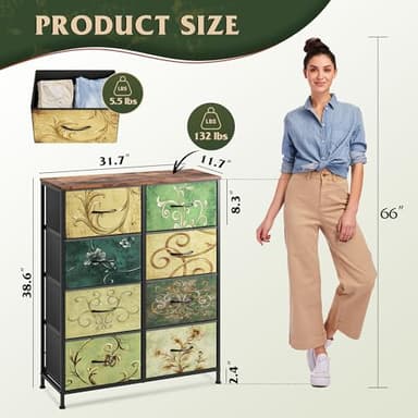 WLIVE Tall Fabric Dresser with 8 Drawers, Storage Tower with Fabric Bins, Double Dresser, Chest of Drawers for Closet, Bedroom, Living Room, Hallway, Dorm, Floral Painted - Image 3