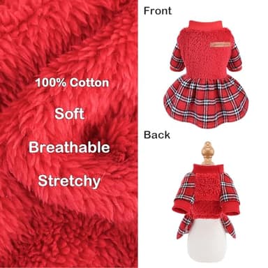 Dog Sweater Dresses for Small Dogs Girl Boy, Plaid Dog Clothes Outfit, Winter Warm Fleece Princess Plaid Dresses, Pet Festival Outfits Apparel Clothing, Small, Red, S - Image 2