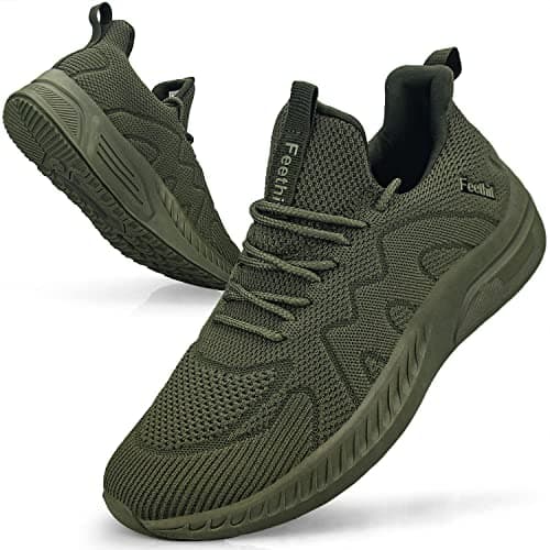 Feethit Mens Work Shoes Non Slip Walking Running Shoes Casual Slip on Tennis Sneakers Army Green 9 - Image 1