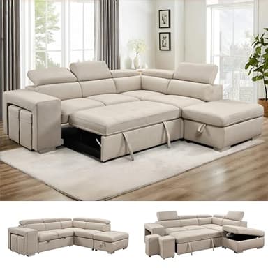 THSUPER 104'' Microfiber L Shaped Sectional Sleeper Sofa Couch with Pull Out Bed and Storage Ottoman, Convertible Couches with Adjustable Headrest for Living Room, Right Facing Chaise. Beige - Image 1