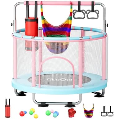 FitinOne 55" Toddler Mini Trampoline for Kids, Indoor Outdoor Toys with Swing, 440lbs Baby Kids Trampoline, Gymnastics Bar, Birthday Gifts for Boy Girl Age 1-8 - Image 1