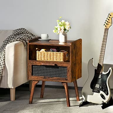 Lerliuo Rattan Nightstand, Boho Side Table with Drawer Open Shelf, Cane Accent Bedside End Table with Solid Wood Legs for Bedroom, Dorm and Small Spaces (Brown) - Image 2