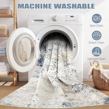 Area Rug Living Room Rugs - 5x7 Abstract Large Soft Indoor Washable Rug Neutral Modern Low Pile Carpet for Bedroom Dining Room Farmhouse Home Office - Beige Blue - Image 5