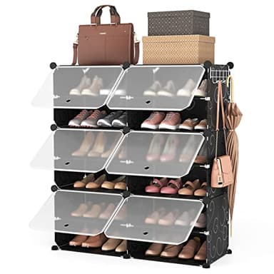 ROJASOP Portable Shoe Rack Organizer 6-Tier Shoe Cabinet 24-Pair shoe Storage Expandable Free Standing Stackable Space Shoe Rack with 2 exclusive Versatile Hooks for Bedroom Black - Image 1