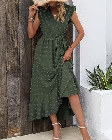 BTFBM Women V Neck Summer Dress 2025 Cap Sleeve Swiss Dot Boho Flowy Ruffle Slit Beach Party Long Maxi Cocktail Dresses(Army Green, Medium) - Image 2