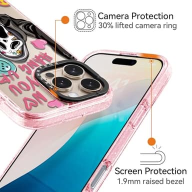 Rosarnnah Compatible for iPhone 16 Pro Max Case Cute - Durable Shockproof 6.6 ft Drop Impact Phone Case - Glitter Pink Funny Skeleton Design for iPhone 16 Pro Max 6.9" - Image 3