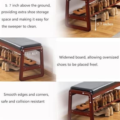 Solid Wood Shoe Bench, 2-Tier Wooden Entryway Bench, Modern Shoe Rack with Faux Leather Cushion for Hallway, Living Room (Black, 31.5'') - Image 4