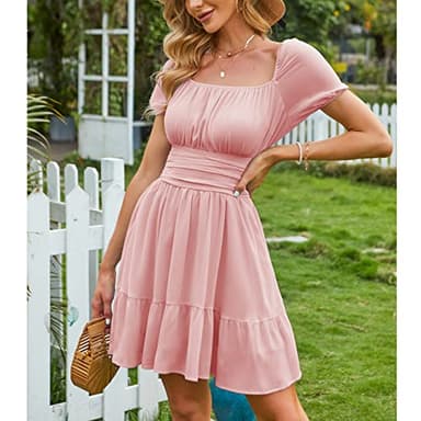 EXLURA Women's Tie Back Square Neck Short Puff Sleeve Casual Dresses A Line Sundress Mini Dress Pink - Image 5