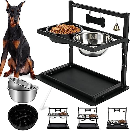 Elevated Dog Bowls with Slow Feeder for Large Dogs – Adjustable Raised Stand with 2 Stainless Steel Bowls & Spill-Proof Mat, Non-Slip Dog Feeder for Large & Medium Dogs (Black) - Image 1