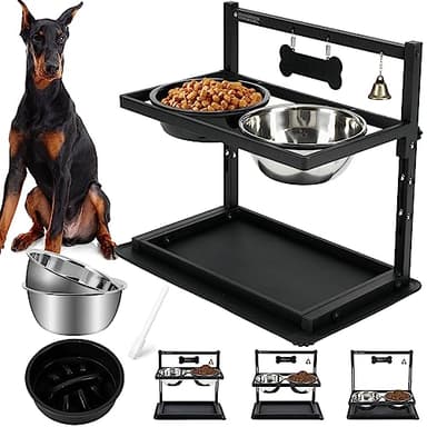 Elevated Dog Bowls with Slow Feeder for Large Dogs – Adjustable Raised Stand with 2 Stainless Steel Bowls & Spill-Proof Mat, Non-Slip Dog Feeder for Large & Medium Dogs (Black) - Image 1