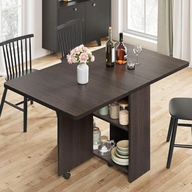IDEALHOUSE Folding Dining Table, Drop Leaf Dining Table with 6 Wheels and 2-Layer Storage Shelf, Space Saving Dining Table for Small Spaces (Dark Walnut, 50.1" D x 31.4" W x 29.5" H) - Image 3