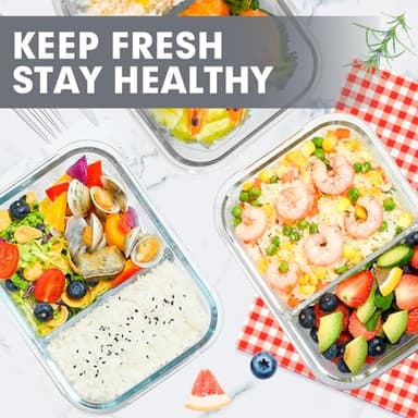 VERONES 5 Pack Glass Meal Prep Containers 2 Compartment Set, 36OZ Airtight Glass Lunch Containers, Glass Food Storage Containers with Lids, for Microwave, Oven, Freezer & Dishwasher Friendly,Grey - Image 7