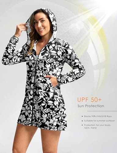 G Gradual Women's UPF 50+ Swim Cover Up Sun Protection Hoodie Long Jacket SPF Lightweight Beach Cover Ups for Women(White Flower,L) - Image 2