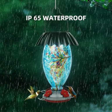 Solar Hummingbird Feeder for Outdoors Hanging Colorful Lighting 32 Oz Hand Blown Glass Hummingbird Feeder for Garden Decoration with Accessories (Blue) - Image 5