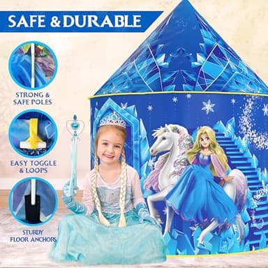 W&O Frozen Princess Tent for Girls with Magical Sound Button, LED Lights, Crown & Wand – Indoor & Outdoor Frozen Tent for Girls Ages 3-7 - Image 5