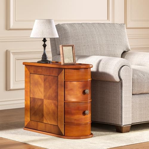 LITTLE TREE Wood End Table with 2 Drawers Sofa Side Table, No Assembly Required Vintage Slim Nightstand Bedside Table for Bedroom - Image 1