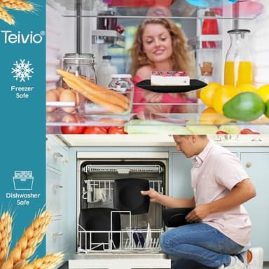 Teivio 32-piece Plastic Wheat Straw Square Dinnerware Set for 8, Unbreakable Dinner Plates, Salad Plates, Snack Bowls, Tumblers, Dishwasher Safe, Black - Image 4