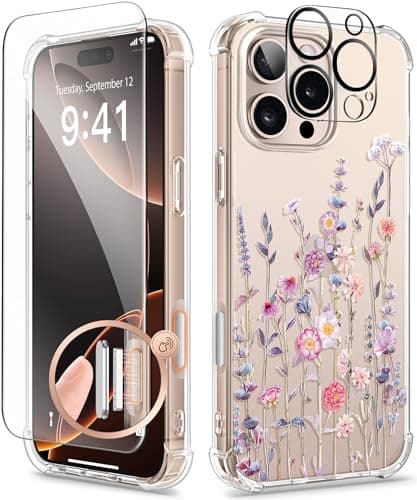 GVIEWIN for iPhone 16 Pro Case, with Screen Protector & Camera Lens Protector, Military-Grade Protection, Clear Shockproof Slim Floral Women Phone Case for iPhone 16 Pro, Floratopia/Colorful - Image 1