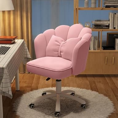 XUEGW Petal Desk Chair with Bow Cushion Velvet Vanity Chair with Wheels, Upholstered Home Office Chair for Girls Women, Mid-Back Swivel Computer Task Chairs for Living Room Bedroom - Image 1