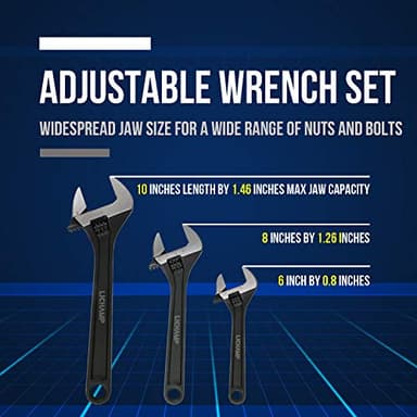 Lichamp 3-Piece CR-V Adjustable Wrenchs Set, Industrial Grade Drop Forged Chrome Vanadium Steel Black Oxide Finish Wide Jaw, 6, 8, 10 Inch - Image 3