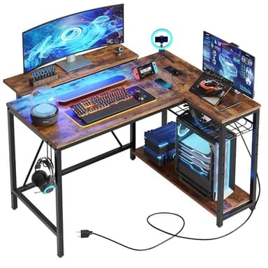 Bestier Gaming Desk with Power Outlets, 42" L-Shaped Gaming Desk with LED Lights, Desk with Reversible Storage Shelves & Hooks for Small Spaces, Bedrooms & Offices,Rustic Brown - Image 1