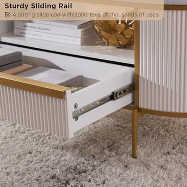 OKD Modern Luxury Fluted Coffee Table, 48" Oval Coffee Table with Drawer, Faux Marble Top, Curved Profile Design, Gold Metal Decor, Center Table for Living Room, Off White - Image 6