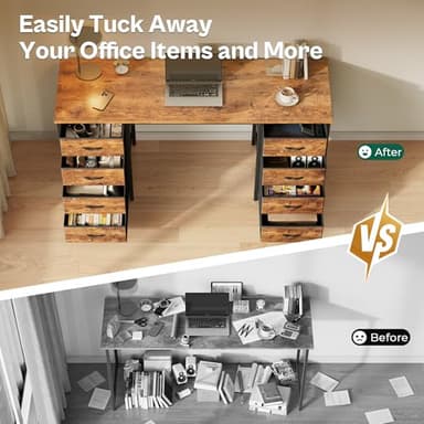 Huuger 55 Inch Computer Desk with 8 Fabric Drawers, Office Desk Work Desk for Home Office, Study, Gaming Desk with Drawers, Large Storage, Rustic Brown - Image 3