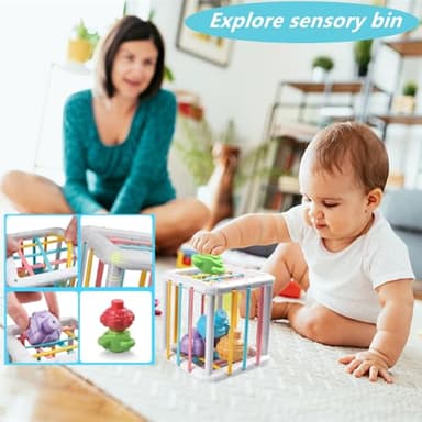 ELLECK Baby Toys 6-12 Months, Montessori Toys for Toddlers 1-3 Year Old, Busy Cube Teether Infants Bath 6 in 1 Stacking Blocks Rings, Suction Cup Spinner, Shape Bin Sensory (0035) - Image 4