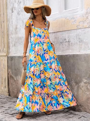 PRETTYGARDEN Summer Dresses for Women 2025 Sleeveless Spaghetti Strap Long Floral Maxi Dress Boho A Line Beach Sundresses(Multicolored Blue,X-Large) - Image 2