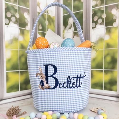 Personalized Easter Basket for Kids - Embroidered Bunny Nursery Storage Tote, Custom Easter Basket in pink/blue plaid, Easter Egg Hunt Bucket - Image 1