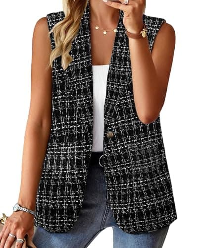 Mina Self Tweed Blazers for Women Sleeveless Tweed Plaid Vest White Vests Blazers for Business Casual Fashion Fall Winter Clothes for 2025 P/HS-M - Image 1