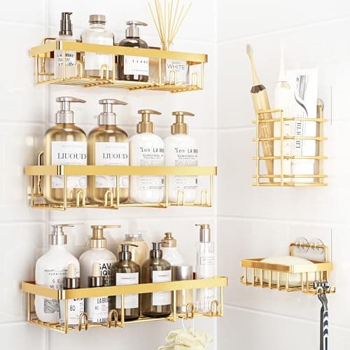 Liuoud 5 Pack Shower Caddy Organizer Rack Shelf for Inside Shower, Self Adhesive Wall Storage Basket Rustproof Stainless Steel Shampoo Holder Bathroom Accessory Decor Set, Gold - Image 1