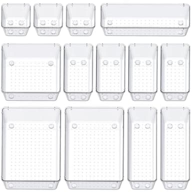 SMARTAKE 13-Piece Drawer Organizers with Non-Slip Silicone Pads, 5-Size Desk Bathroom Drawer Organizer Trays Storage Tray for Makeup, Jewelries, Utensils in Bedroom Dresser, Office and Kitchen, Clear - Image 9