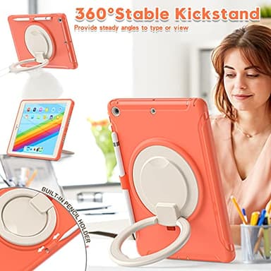 BATYUE for iPad 9th/ 8th/ 7th Generation Case (iPad 10.2 Case 2021/2020/2019) with Screen Protector,Rugged Case with Rotating Stand/Pencil Holder/Pencil Cap Holder (Coral Orange) - Image 3